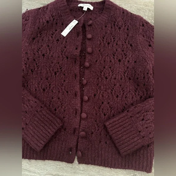 Madewell Pointelle-Stitch Cardigan Cotton Blend in Dark Pomegranate Size Medium - Picture 5 of 10